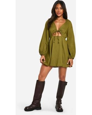 Boohoo Linen Look Tie Front Puff Sleeve Mini Dress - Green