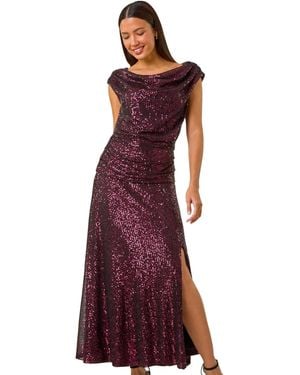 Roman Sequin Cowl Neck Maxi Stretch Dress - Purple