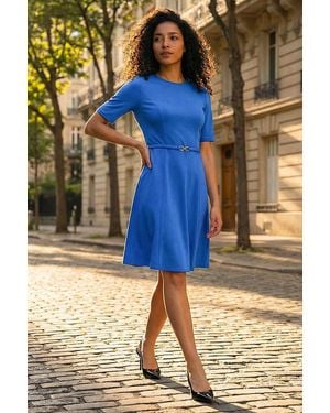 Roman Belted Fit & Flare Dress - Blue