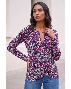 Roman Abstract Puff Print Twist Hem Top - Purple