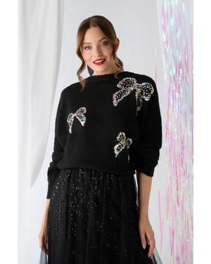 Izabel London Sequin Bow Detail Drop Shoulder Jumper - Black