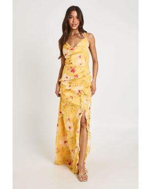 Boohoo Chiffon Floral Cowl Neck Ruffle Detail Maxi Dress - Metallic
