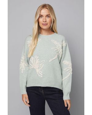 Wallis Petite Flower Motif Crew Neck Jumper - Grey