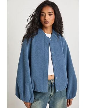 Boohoo Balloon Sleeve Wool Look Bomber Jacket - Blue