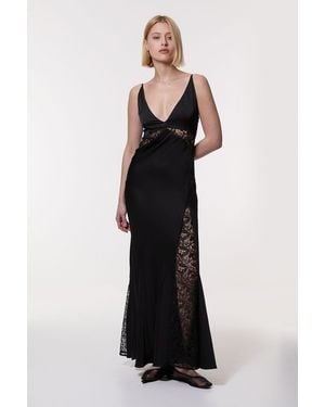 Karen Millen Viscose Satin Woven Maxi Dress With Lace Panelled Detail - Black