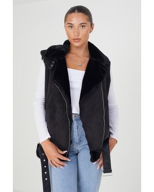 Brave Soul Faux Suede Aviator Gilet With Fur Lining - Black