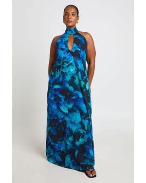 Boohoo Plus Plunge Halterneck Chiffon Maxi Dress - Blue