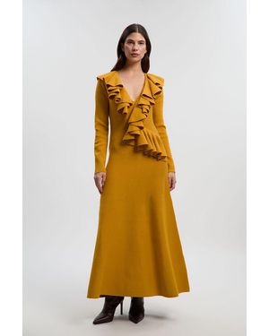 Karen Millen Compact Wool Look Ruffle V Neck Midi Dress - Yellow