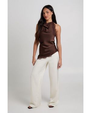 Boohoo Satin Pleat Front Wide Leg Trouser - White