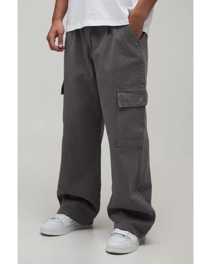 BoohooMAN Wide Fit Half & Waistband Cargo Pocket Washed Twill Trouser - Black