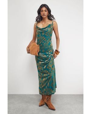 Warehouse Devore Twist Cowl Neck Bias Midi Slip Dress - Green