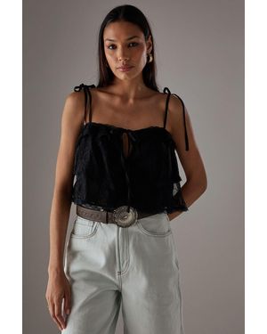 Warehouse Bohemian Lace Strappy Cropped Cami Top - Brown