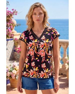 Roman Lace Floral Trim V-Neck Top - Orange