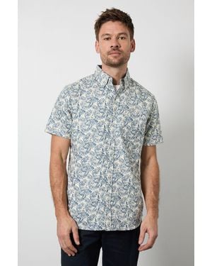 MAINE Leaf Print Oxford Short Sleeve Shirt Cotton - Blue