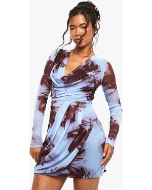 Boohoo Blurred Floral Cowl Wrap Mini Dress - Blue