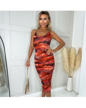 AX Paris Printed Mesh Cowl Neck Bodycon Midi Dress - Red