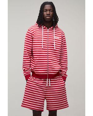 BoohooMAN Regular Fit Stripe Zip Through Hooded Short Tracksuit - Red