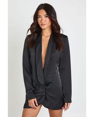 Boohoo Tailored Satin Plunge Button Hem Detail Blazer Dress - Black