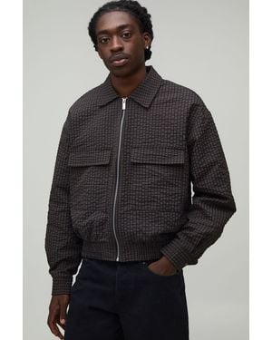 BoohooMAN Boxy Fit Textured Check Harrington Jacket - Grey