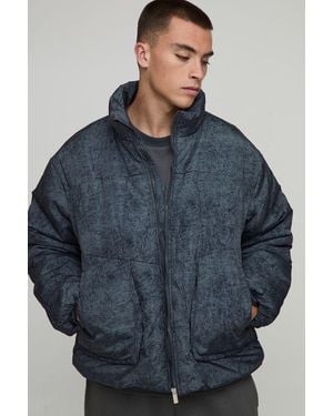 BoohooMAN Oversized Boxy Fit Washed Nylon Padded Funnel Neck Puffer Jacket - Blue