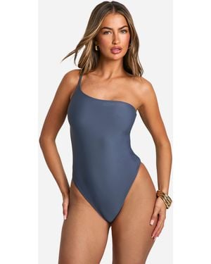 Boohoo Pebble Trim One Shoulder Swimsuit - Blue