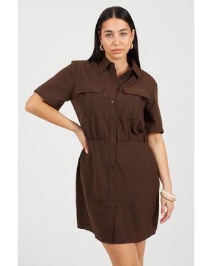 Brave Soul Collared Button Down Mini Shirt Dress - Brown