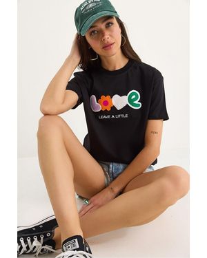 Bianco Lucci Embroidered Cotton Crew Neck T-Shirt - Black