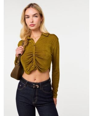 Pink Vanilla Ruched Slinky Cropped Shirt - Green