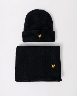 Lyle & Scott Lambswool Ribbed Beanie & Scarf Set - Black