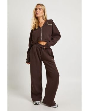 Boohoo Copenhagen Embroidered Cropped Hoodie Tracksuit - Brown