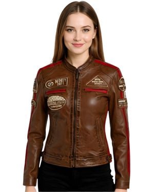 Infinity Leather Biker Racing Badges Jacket-Dalby Lamb Leather - Brown