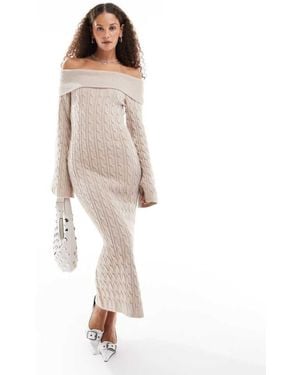 emory park Cable Knit Off-Shoulder Chunky Knitted Dress - Natural