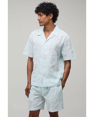 BoohooMAN Embroidered Tile Oversized Shirt & Relaxed Short Set - White