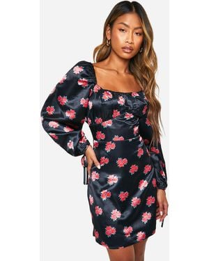 Boohoo Floral Puff Sleeve Mini Dress - Blue
