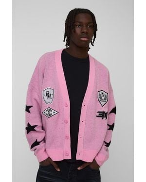 BoohooMAN Oversized Brushed Moto Knitted Cardigan - Pink