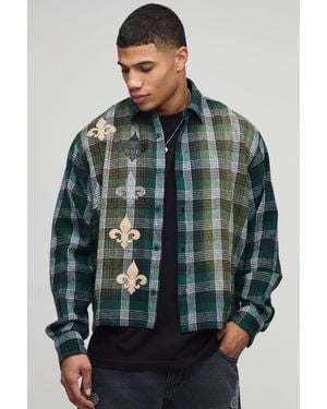 BoohooMAN Oversized Applique Distress Boxy Revere Long Sleeve Check Shirt - Green