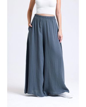 Hiccup Linen High Waist Elastic Wide Leg Trousers - Blue