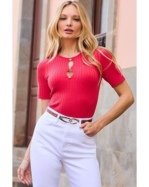 Sosandar Coral Cut Out Detail Ribbed Top - Pink
