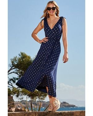 Sosandar Metallic Spot Tie Waist Dress - Blue