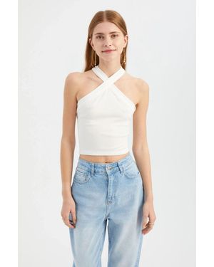 Hiccup Halter Neck Cross Front Crop Top - Blue