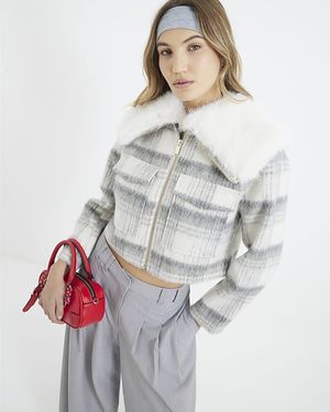 River Island Crop Jacket Check Faux Fur Collar - Grey