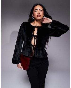 ASOS Velvet Tie Front Long Sleeve Top - Black
