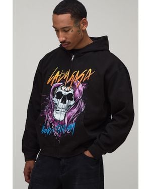 BoohooMAN Oversized Boxy Lady Gaga License Printed Zip Through Hoodie Cotton - Black