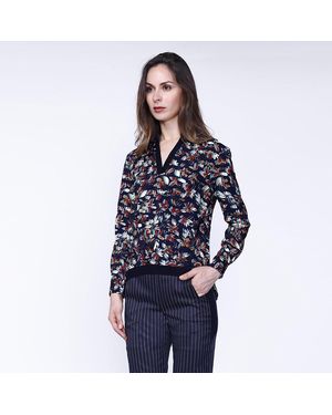 Smart & Joy Satin Col-v Blouse En Bladeren Print - Blauw