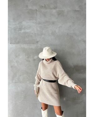 Hiccup Knitted Turtleneck Long Sleeve Midi Oversized Dress - Grey