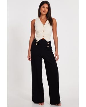 Quiz Button Detail Palazzo Trousers - Blue