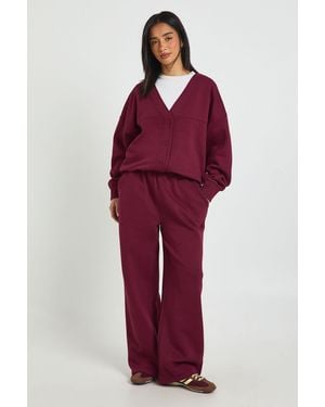 Boohoo Petite Button Through Cardigan Sweatshirt And Straight Leg Jogger Tracksuit - Red