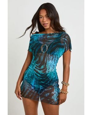 Boohoo Abstract Print Sheer Mesh Asym Cowl Back Mini Beach Dress - Blue