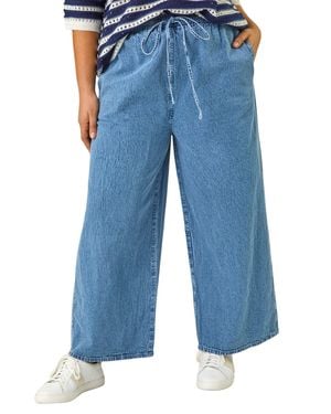 Roman Curve Tie Waist Denim Wide Leg Trouser - Blue