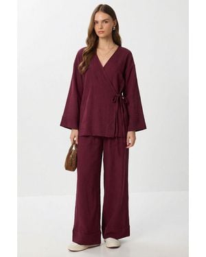 Happiness İstanbul High Waist Wide Leg Trousers & V-Neck Tie Detail Blouse Co-Ord Set - Red